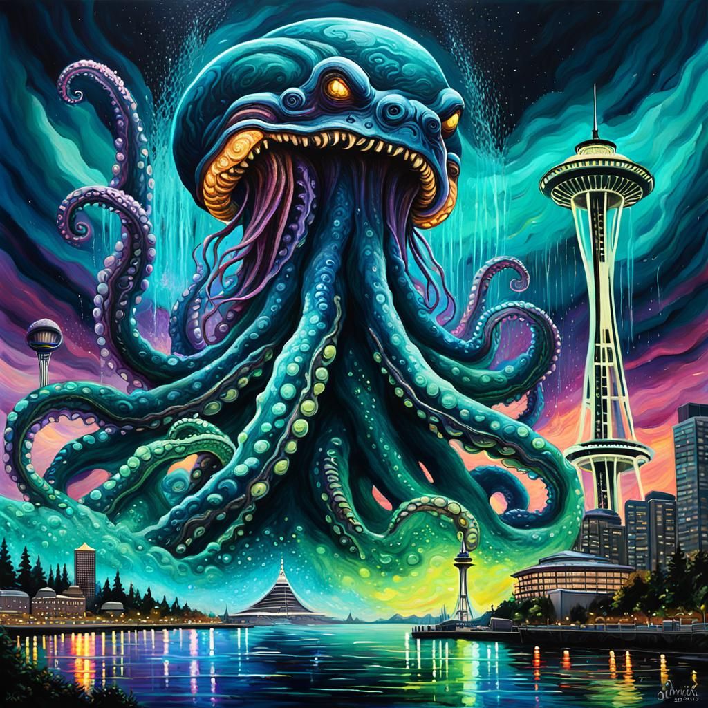 Kraken Attacks Space Needle in Vibrant Oil Painting