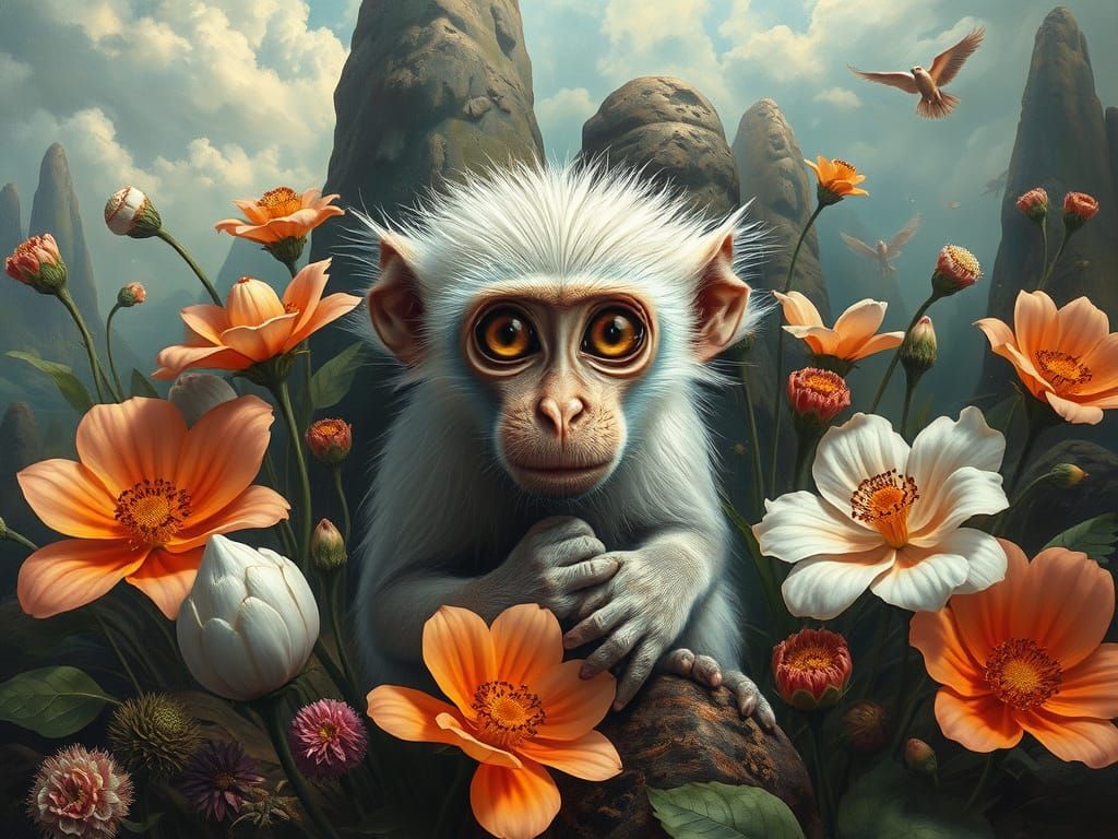 Shy Monkey Among Whimsical Flowers in Surreal Oil Painting