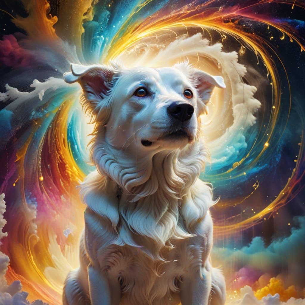 Surreal White Dog in Vibrant Portal, Salvador Dali Style