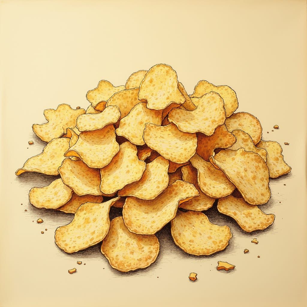 Delicate Cross-Hatch Ink Drawing of Vintage-Style Potato Chi...