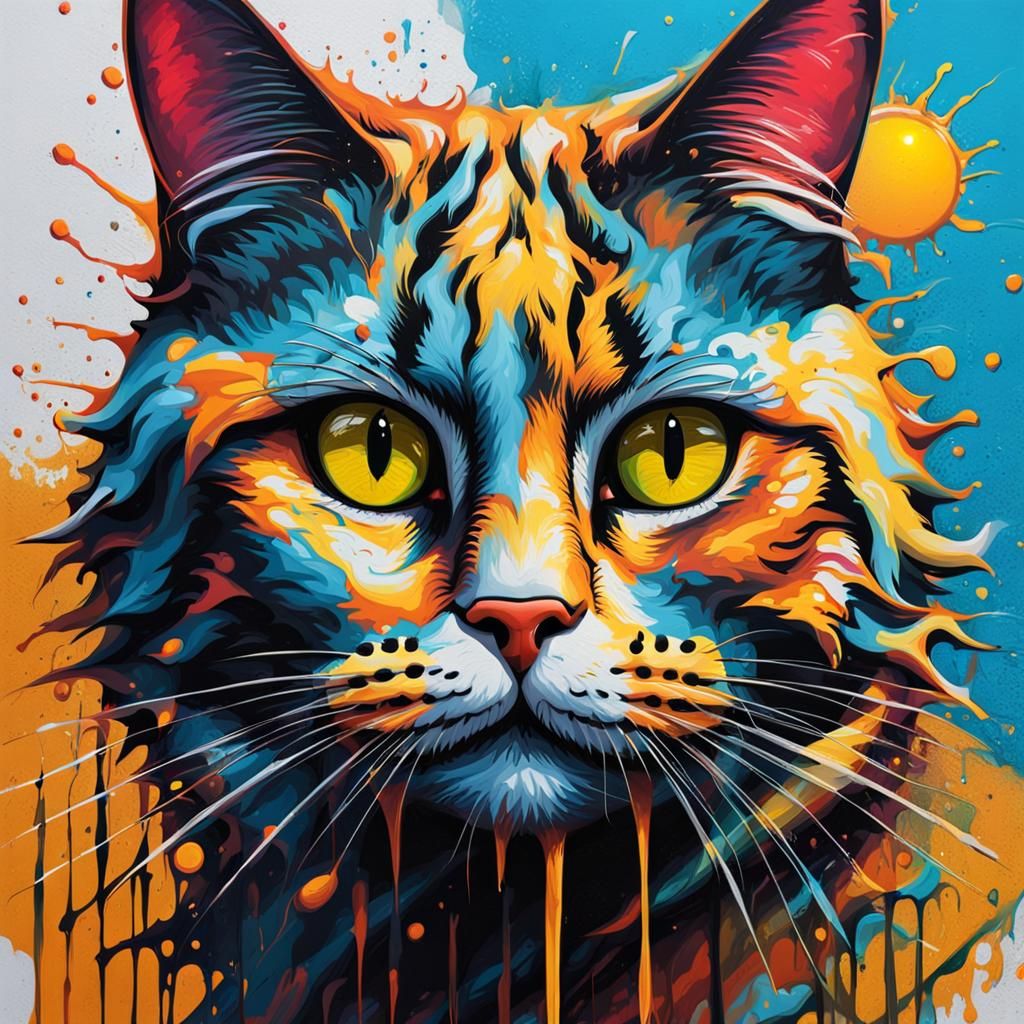 Cat-Faced Sun in Graffiti Splash Art Style