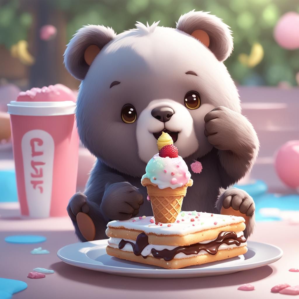 Cute Bear Eating Ice Cream Sandwich as 3D Anime