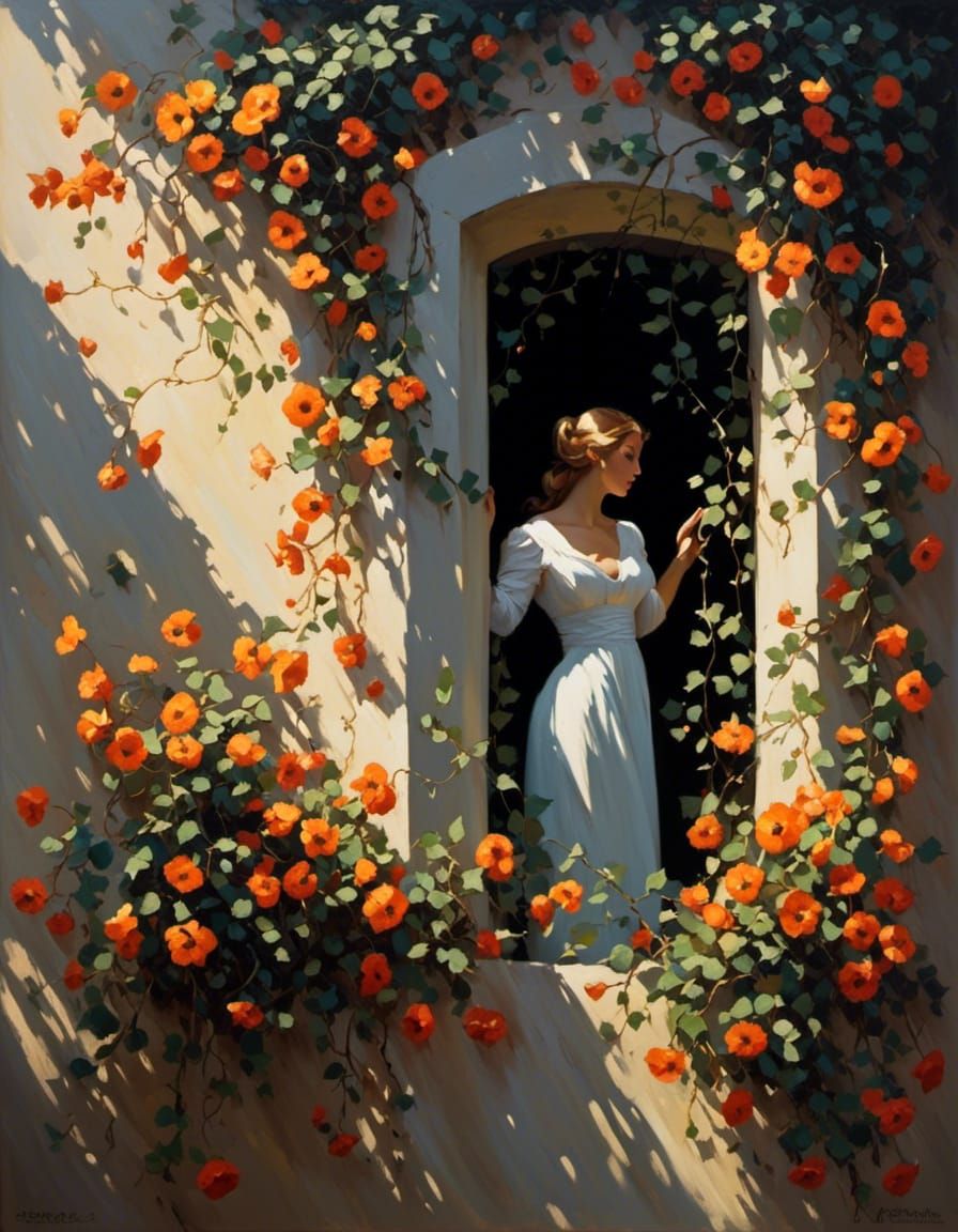 Eerie Oil Painting: Woman's Silhouette in Window