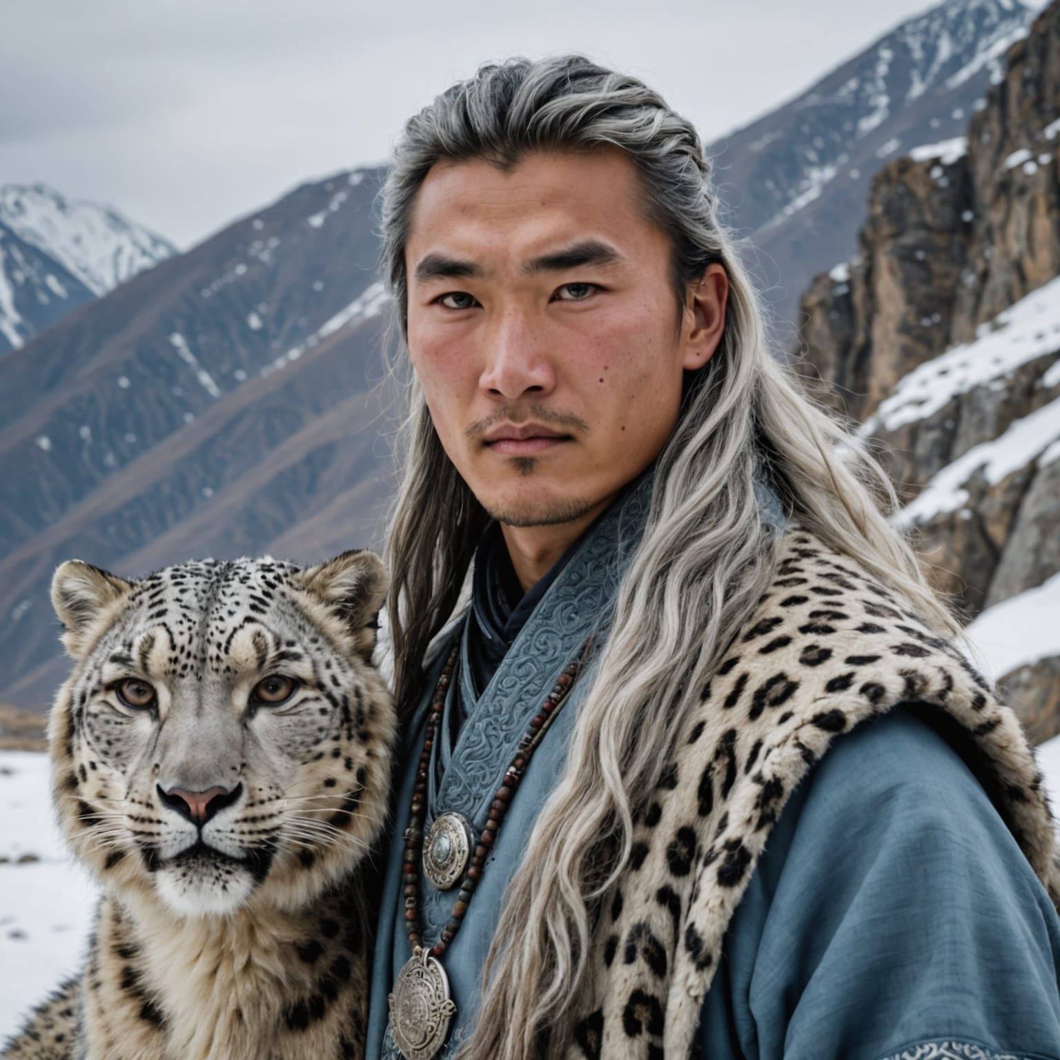 Mongolian Noble with Snow Leopard in Majestic Mountain Lands...