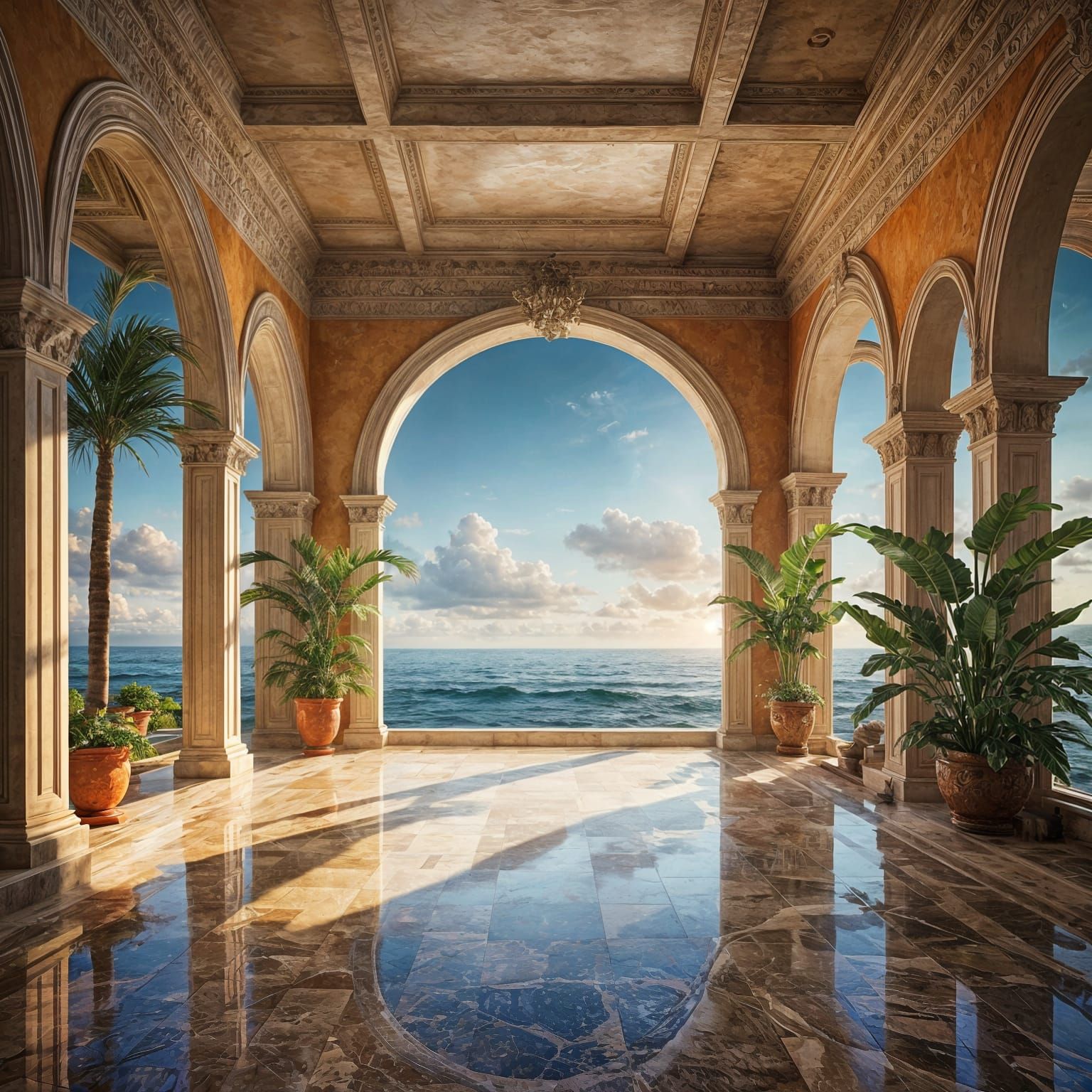 Elegant Hallway at Sunset with Ocean View