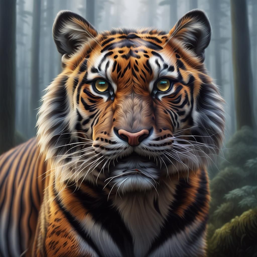 Hyper-Realistic Tortoiseshell Tiger in Misty Forest