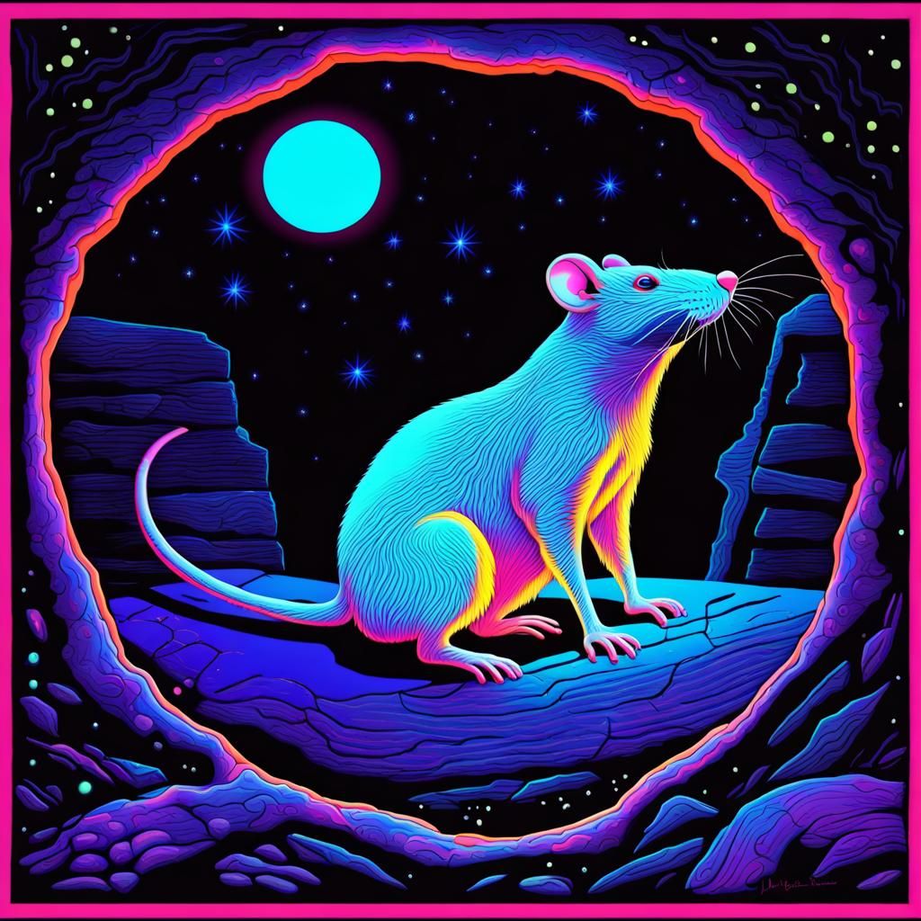 Neon Rat in Moonscape: Black Light Art