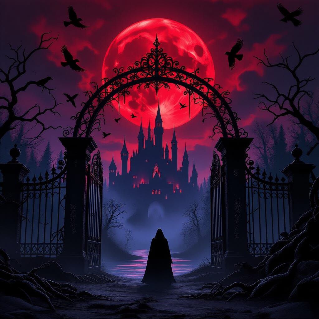 Gothic Portal Under Blood Moon in Dark Forest