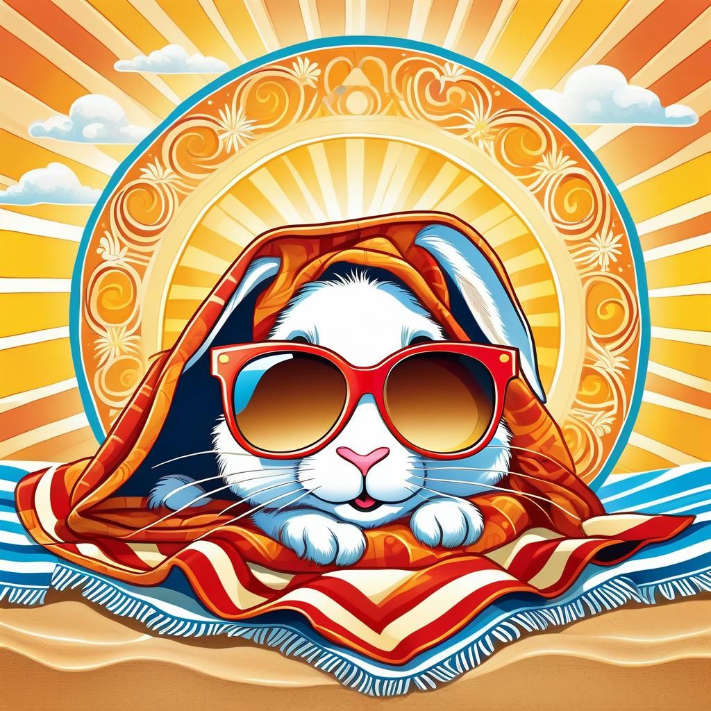 Rabbit on Beach Blanket in Art Nouveau Style