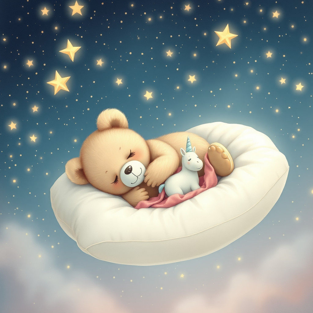 Baby Bear Asleep in Starry Sky