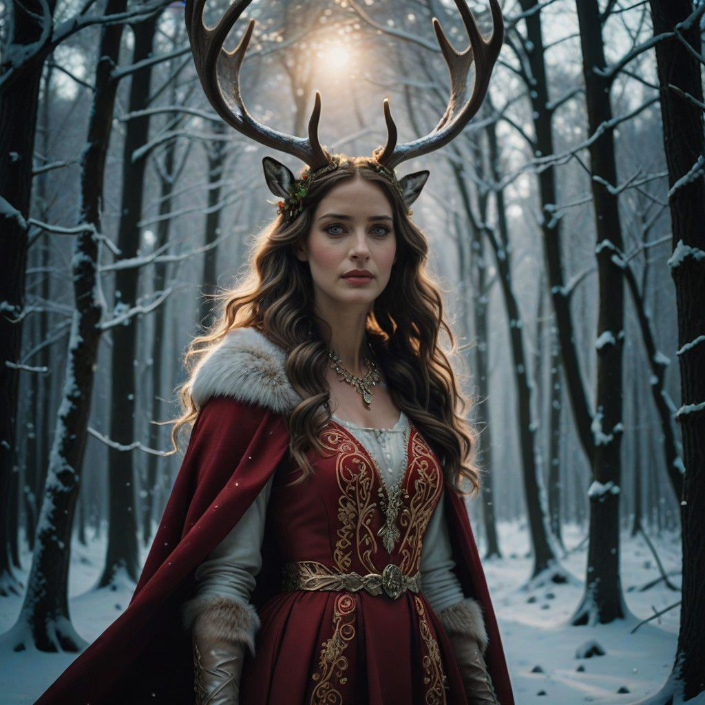 "Ella, an elegant anthropomorphic reindeeress (Rangifer tarandus), has the graceful, expressive face of a reindeer with ...