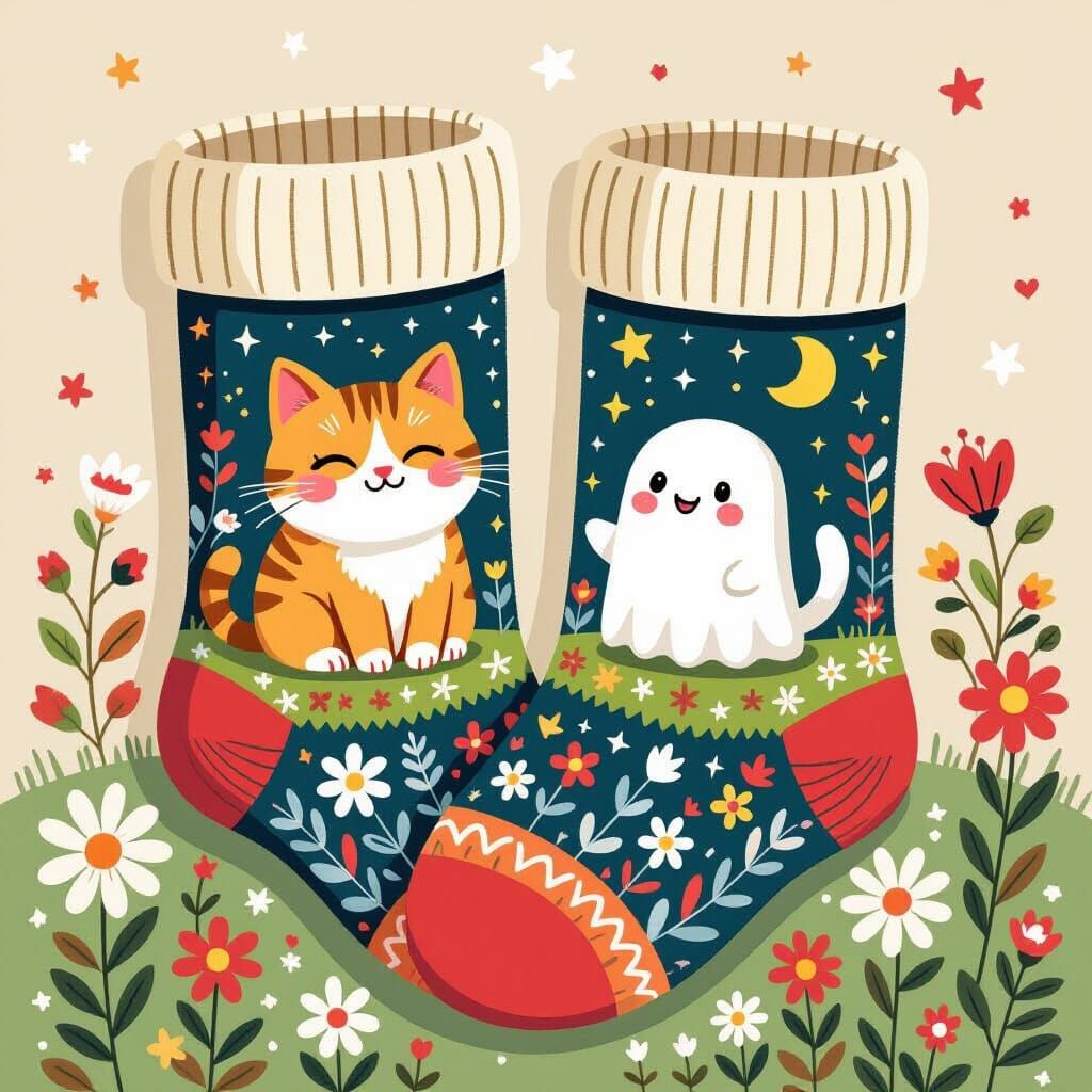 Fairy Tale Knitted Socks with Cat and Ghost, Digital Art