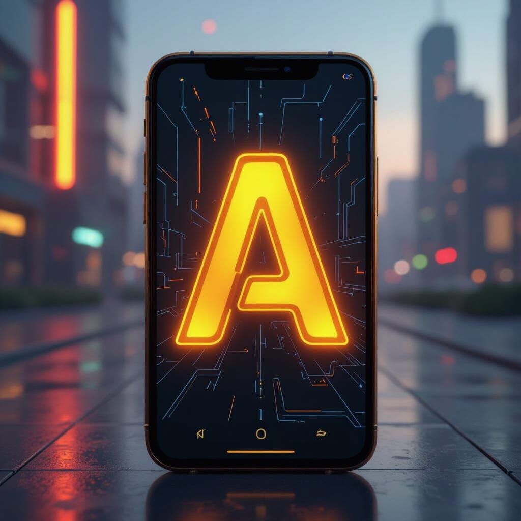 Golden Letter on Android Screen in Neon Style