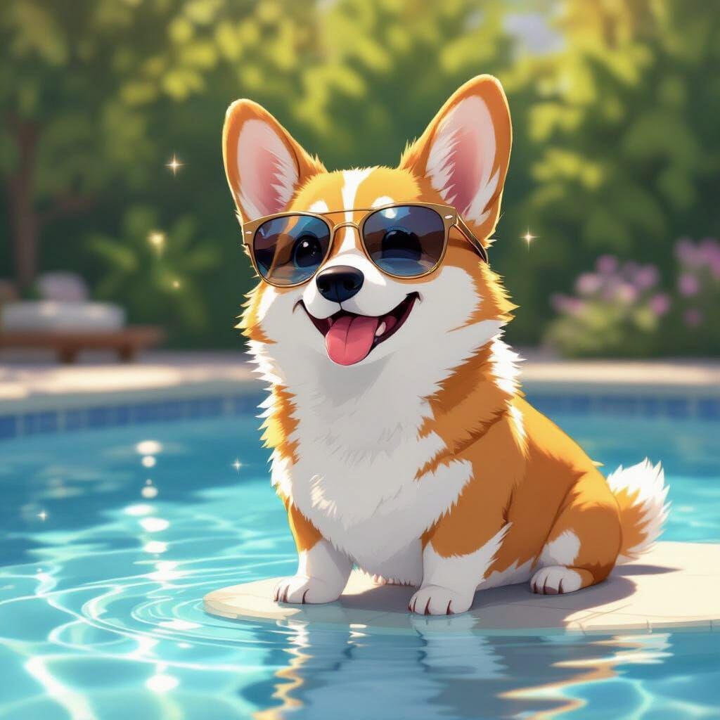 Cute Corgi in Sunglasses by Pool in Anime Style