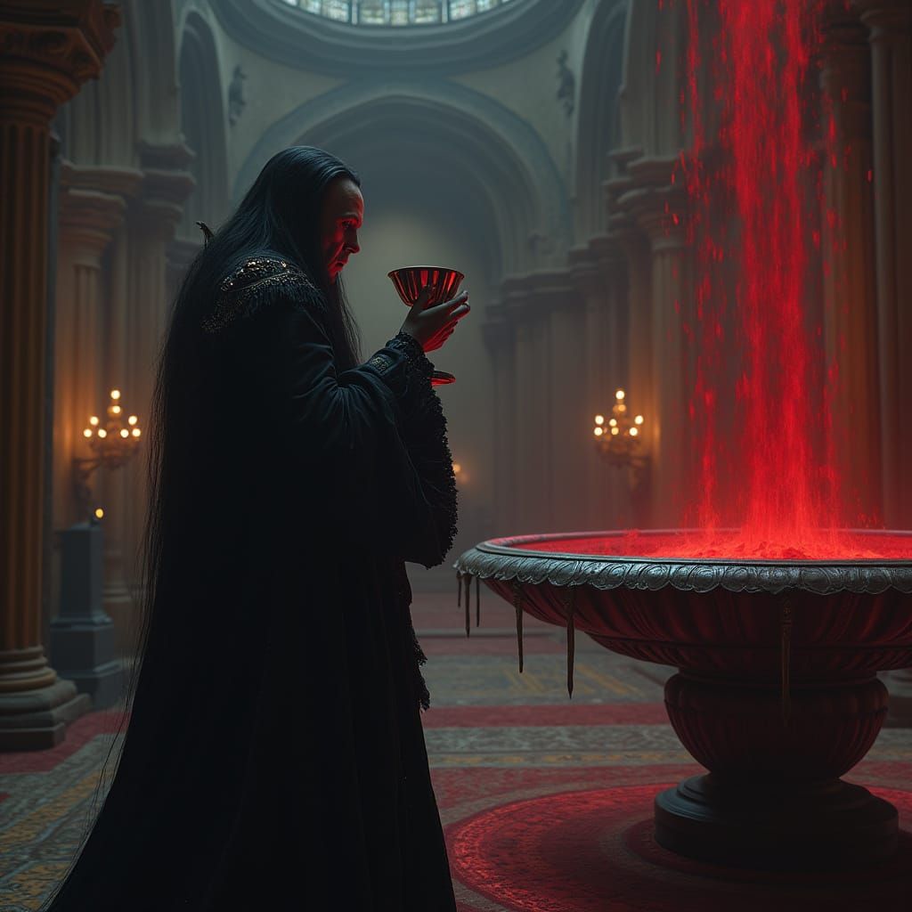 Demon in Gothic Hall with Red Fountain