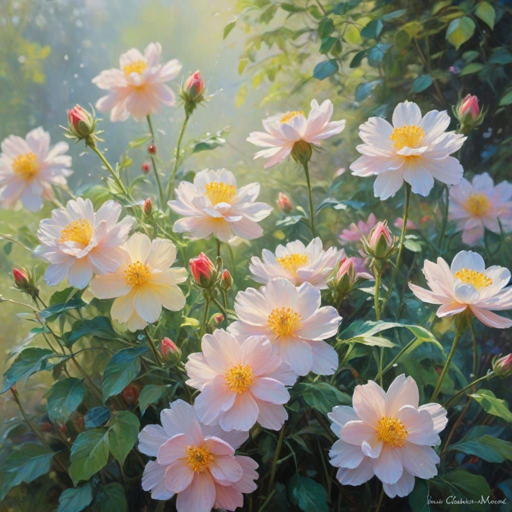 Impressionist Masterpiece: Blooming Flowers in a Lush Garden