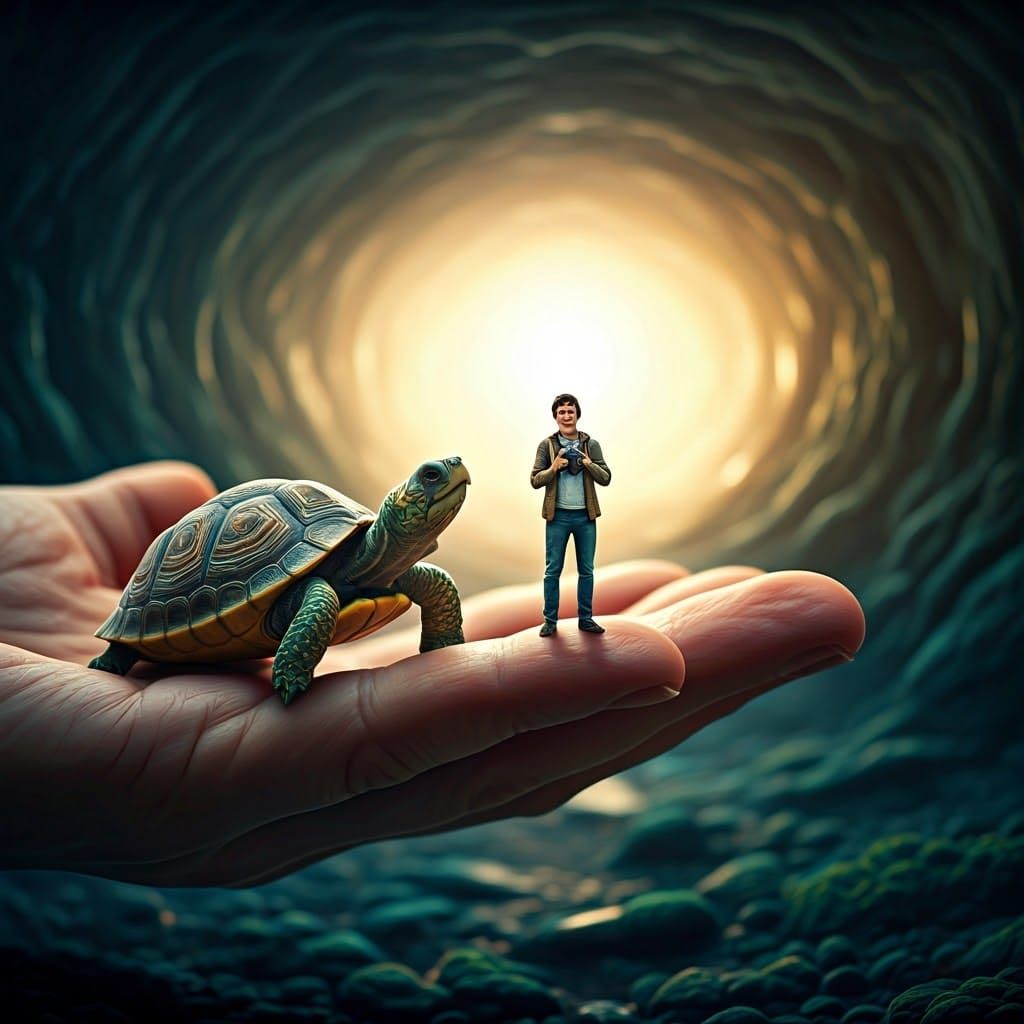 Miniature Man and Turtle on Giant Finger, Hyper-Realistic Ma...