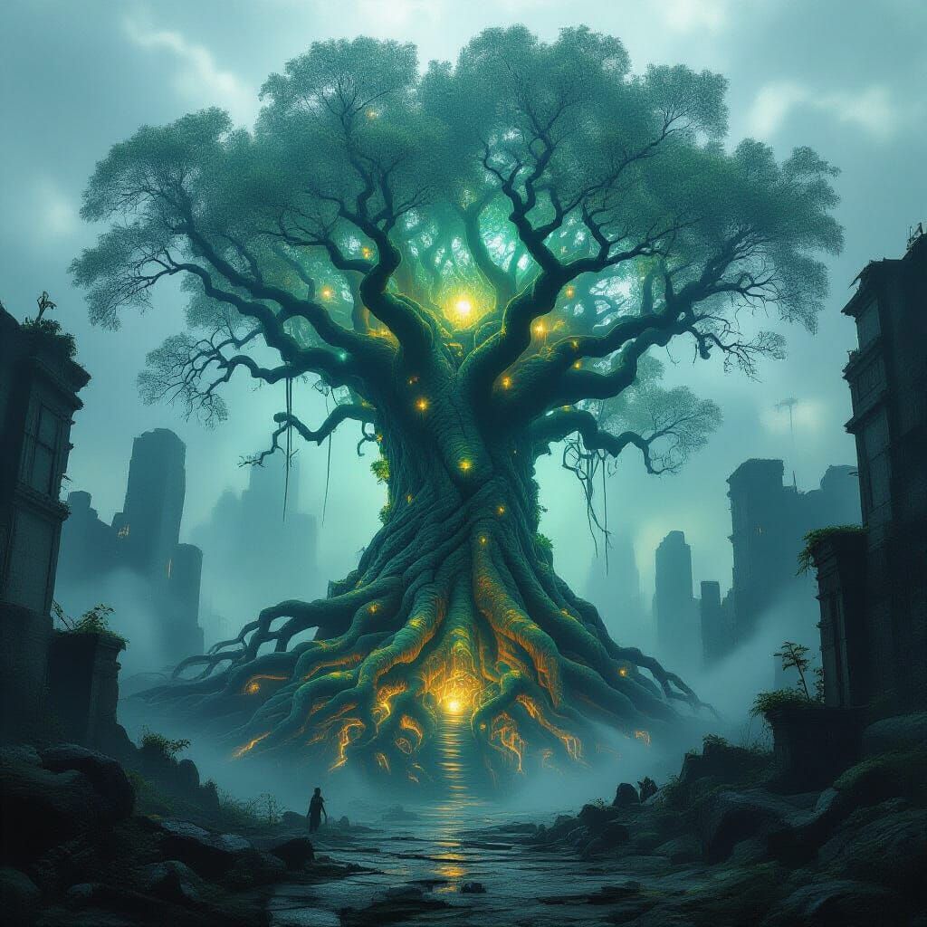 Ancient Tree in Futuristic City Ruins