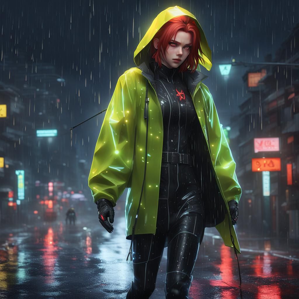 Black Widow in Neon Raincoat: Hyper-Realistic Anime Art