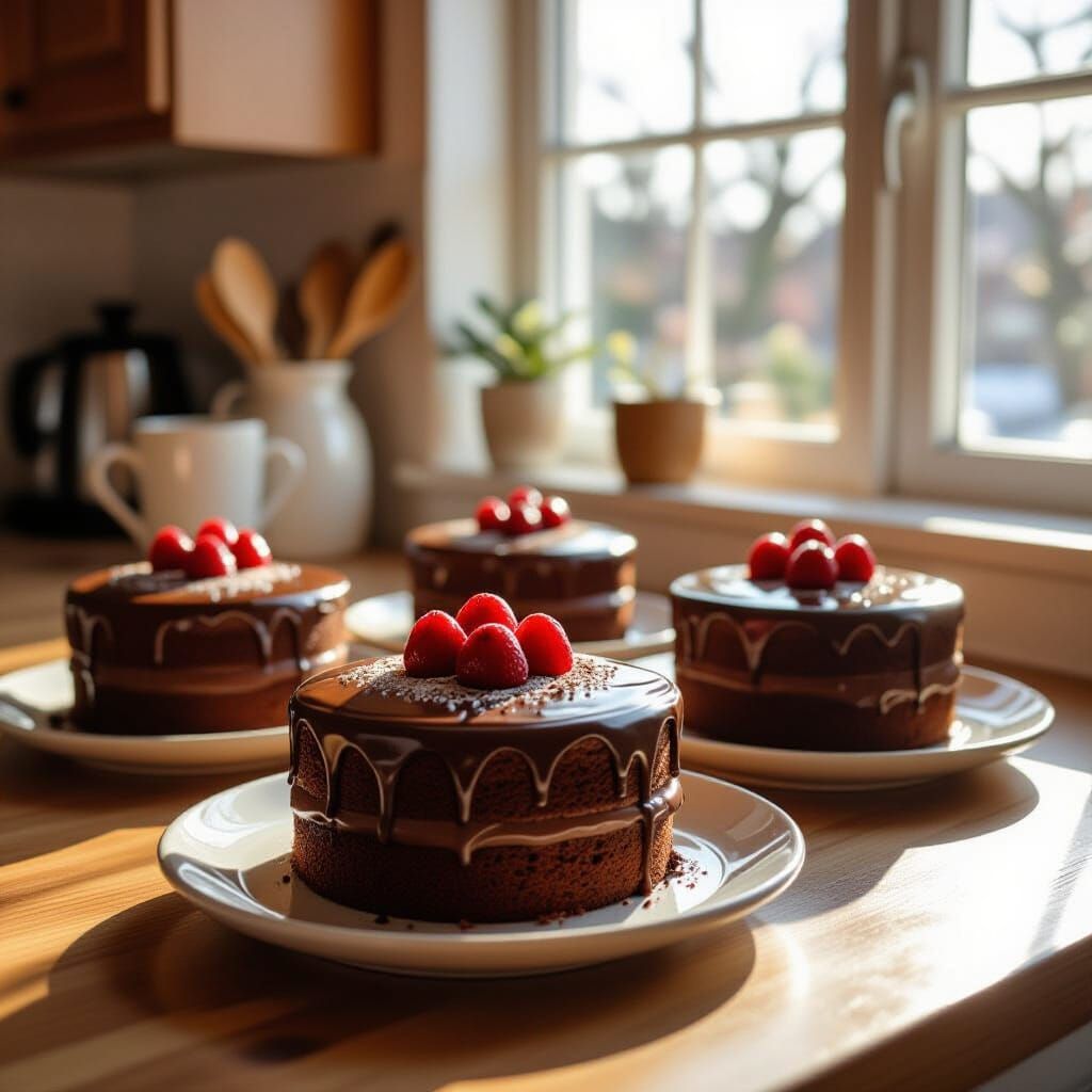 Three Chocolate Cakes in Morning Light