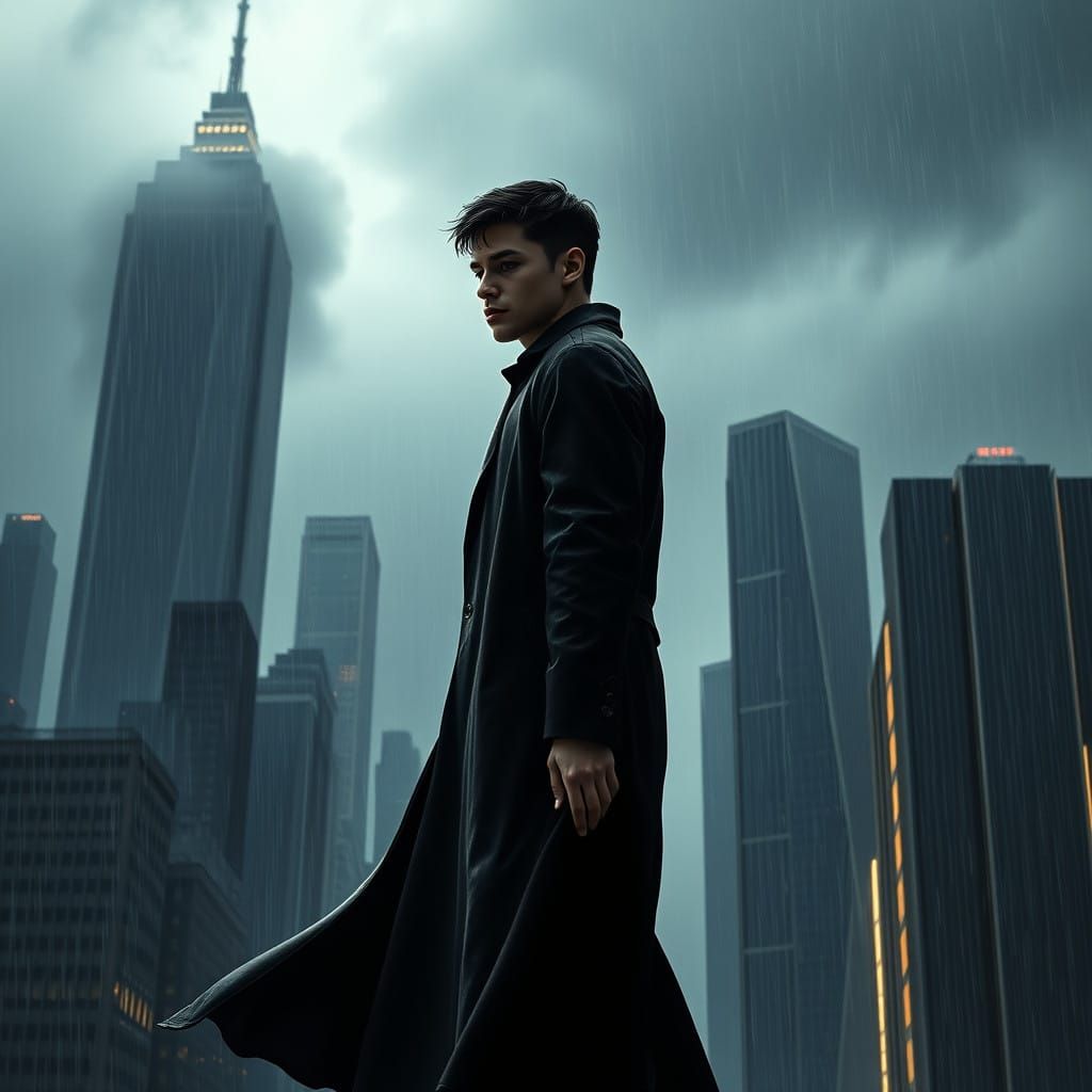 Young Man in Mysterious Metropolis at Night