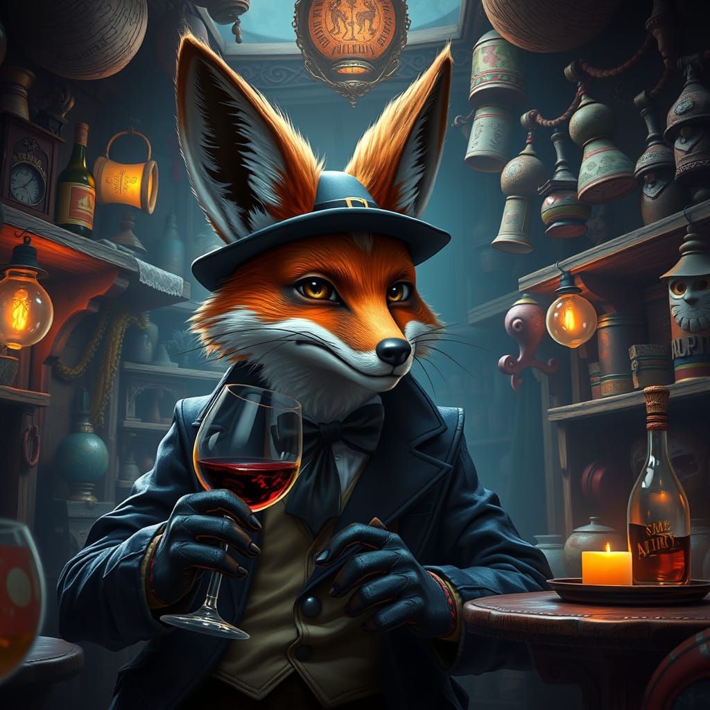Dapper Fox Sipping Wine in Oddity Shop