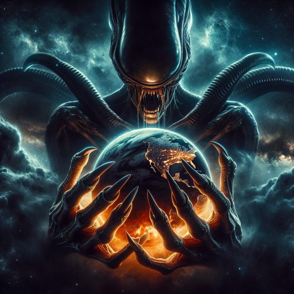 Horrific Alien Cradles Burning Earth in Deep Space
