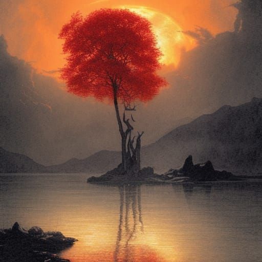Glowing Red Tree Under Bloodmoon: Watercolor Horror