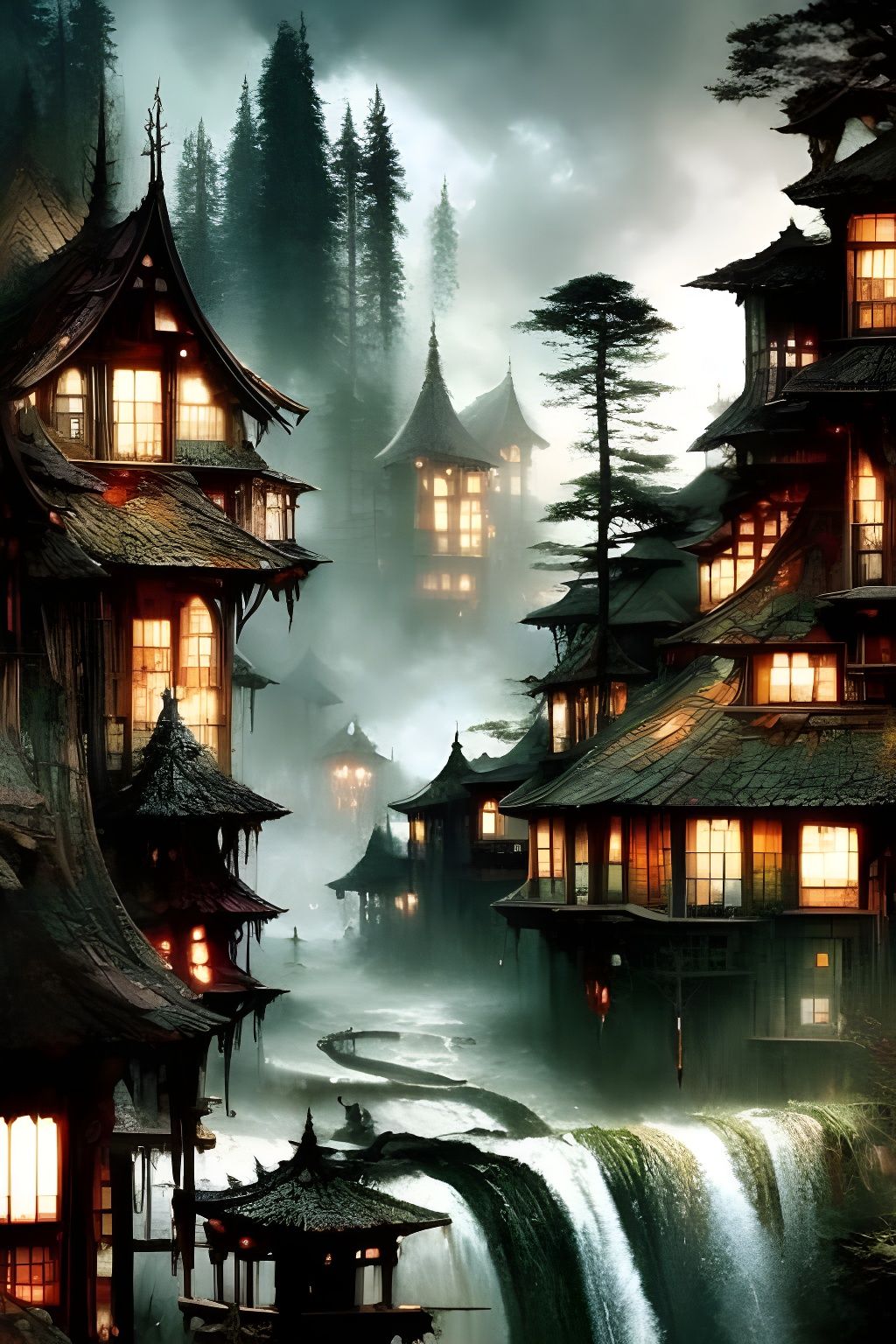 Fairy Cottages in Bonsai Tree with Jellyfish