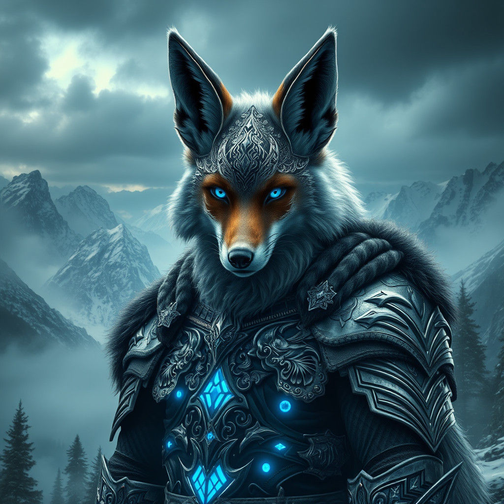Fox-Viking Warrior in Norse Landscape, Digital Matte Paintin...