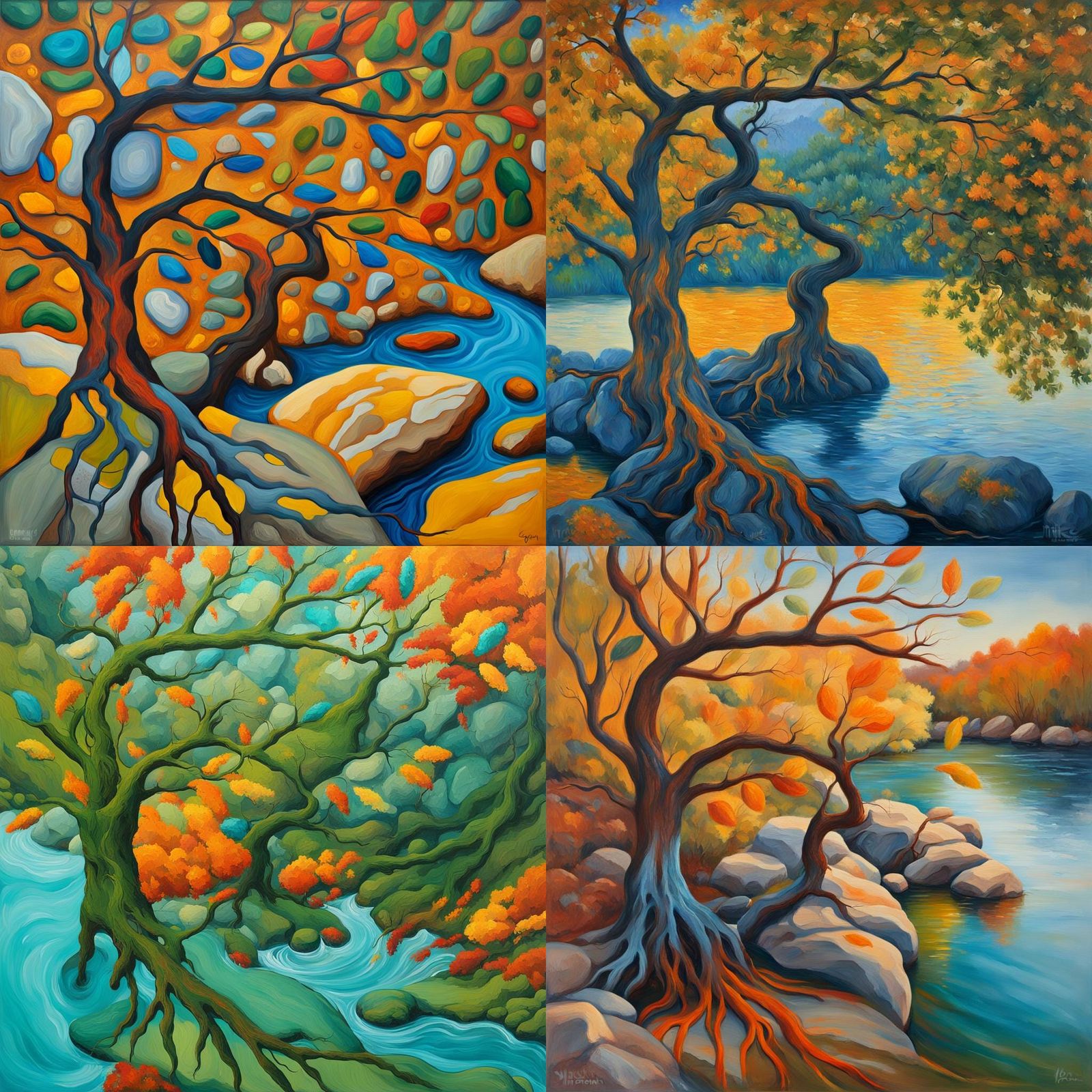 Abstract Painting of Tree with Roots on Rocks