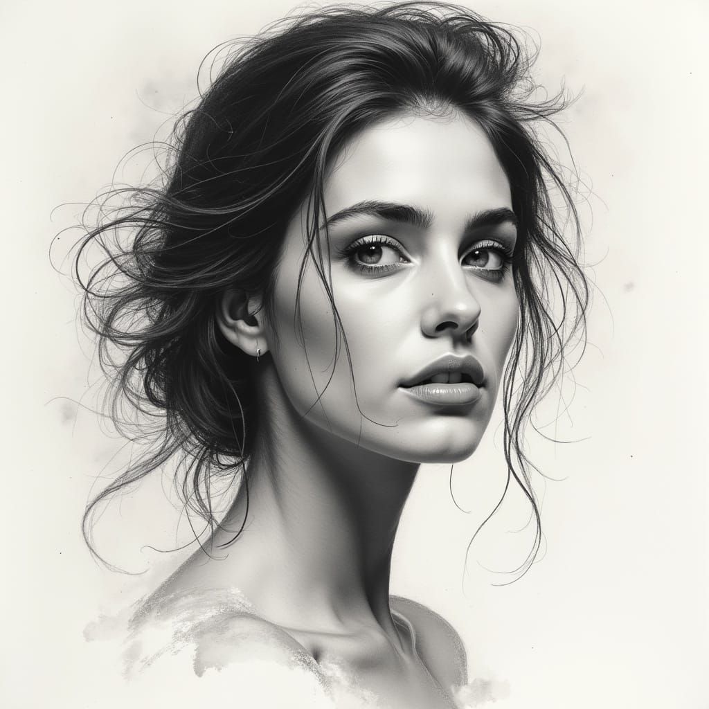 Portrait of a Beautiful Woman in Ink Wash Style