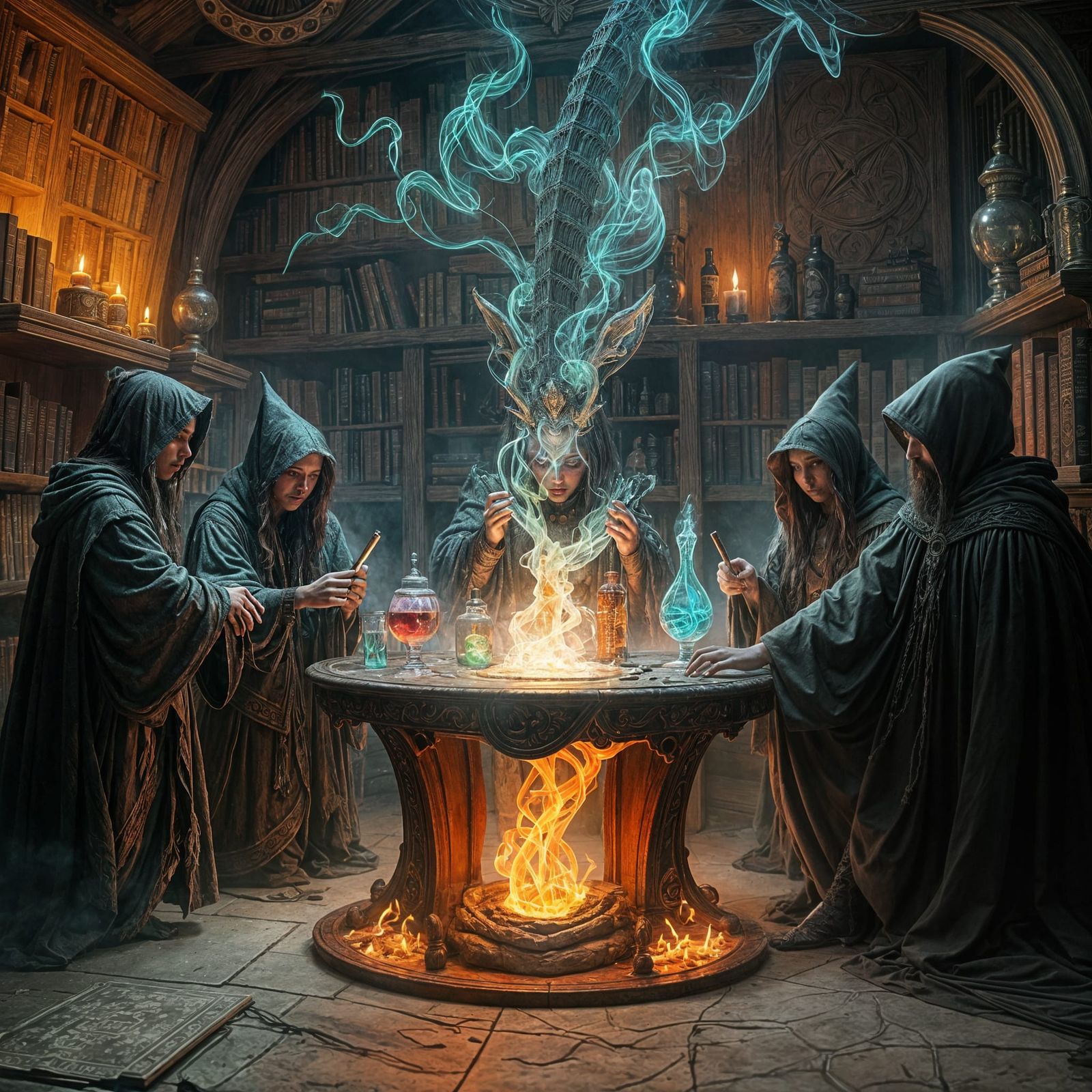 Ethereal Gathering of Powerful Sorcerers in a Dark, Mystical...