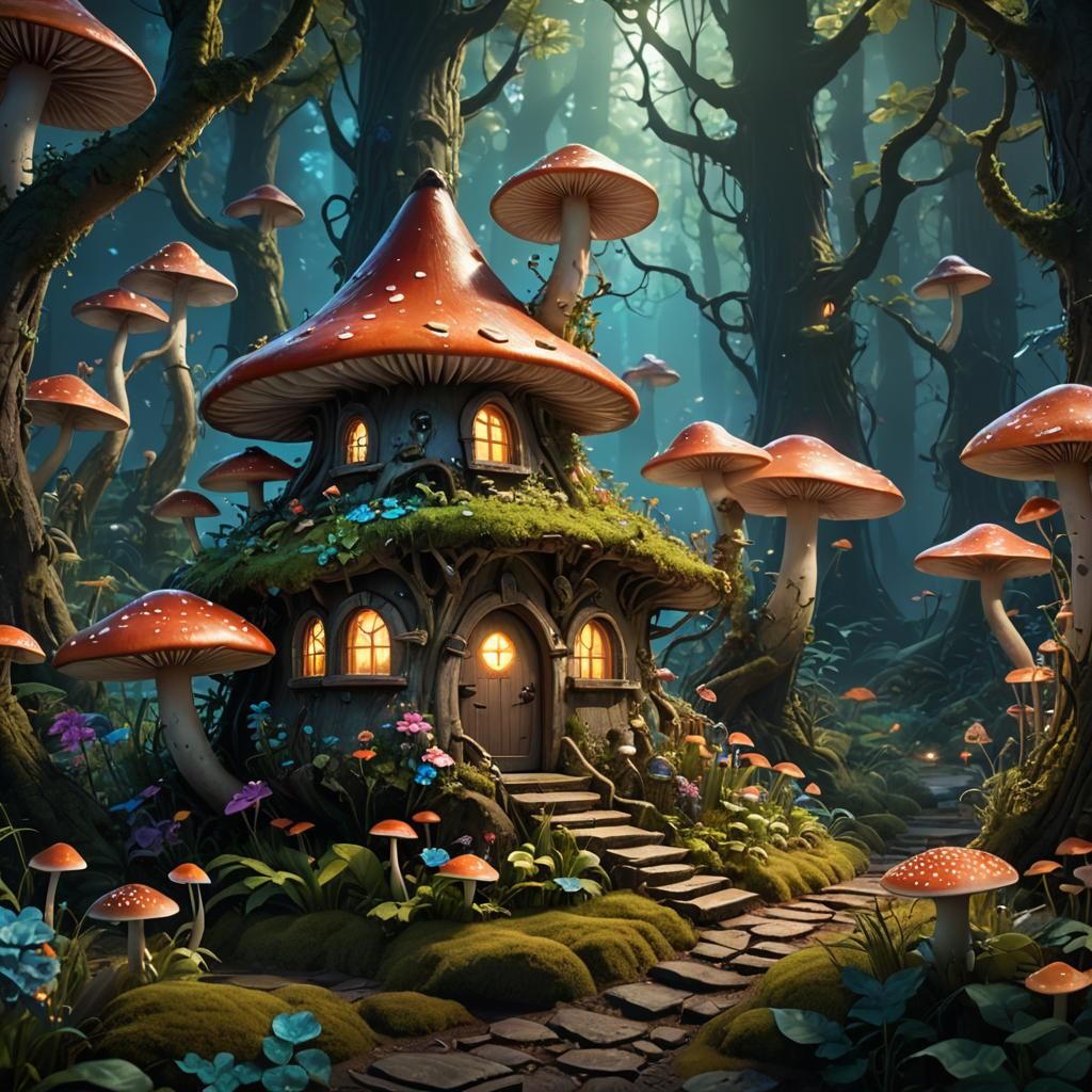 Enchanted Bioluminescent Forest: Fairy Mushroom House