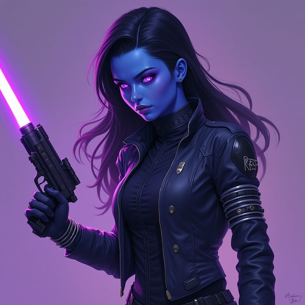 Cyberpunk Zeltron Female with Blaster Pistol and Purple Ligh...