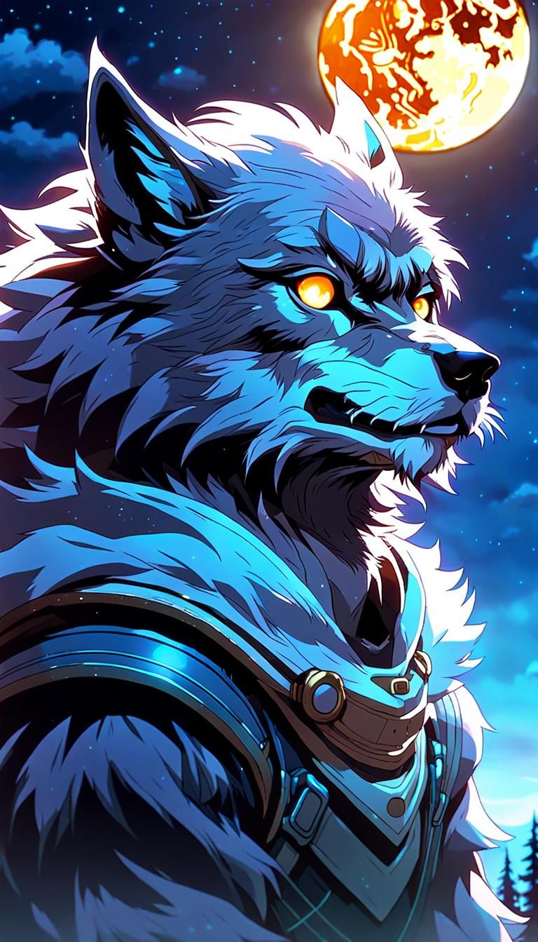 Werewolf Gazing at Saturn Moon in Anime Style