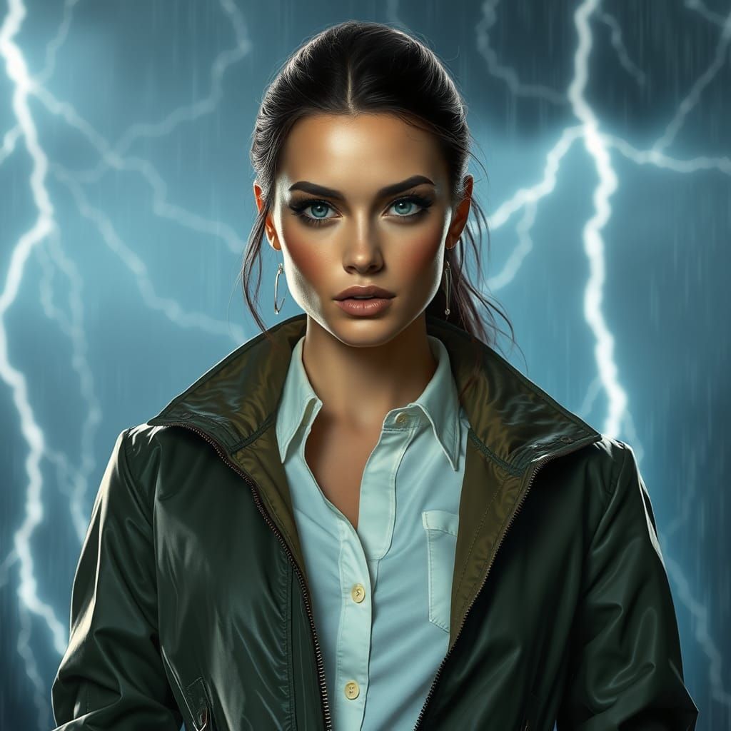 Woman in Lightning Storm, Hyperrealistic Digital Art