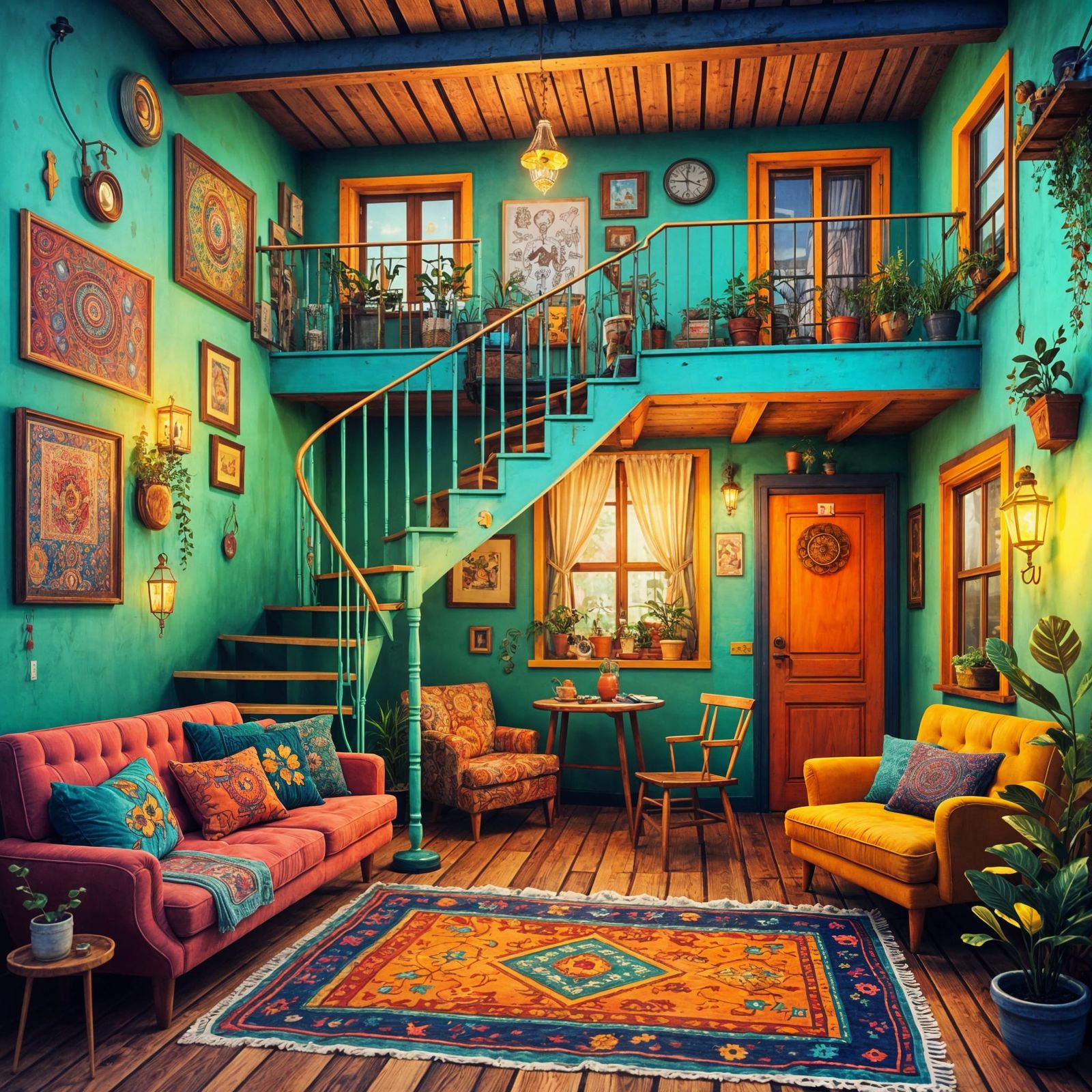 Quirky Bohemian Duplex with Spiral Staircase in Vibrant Digi...