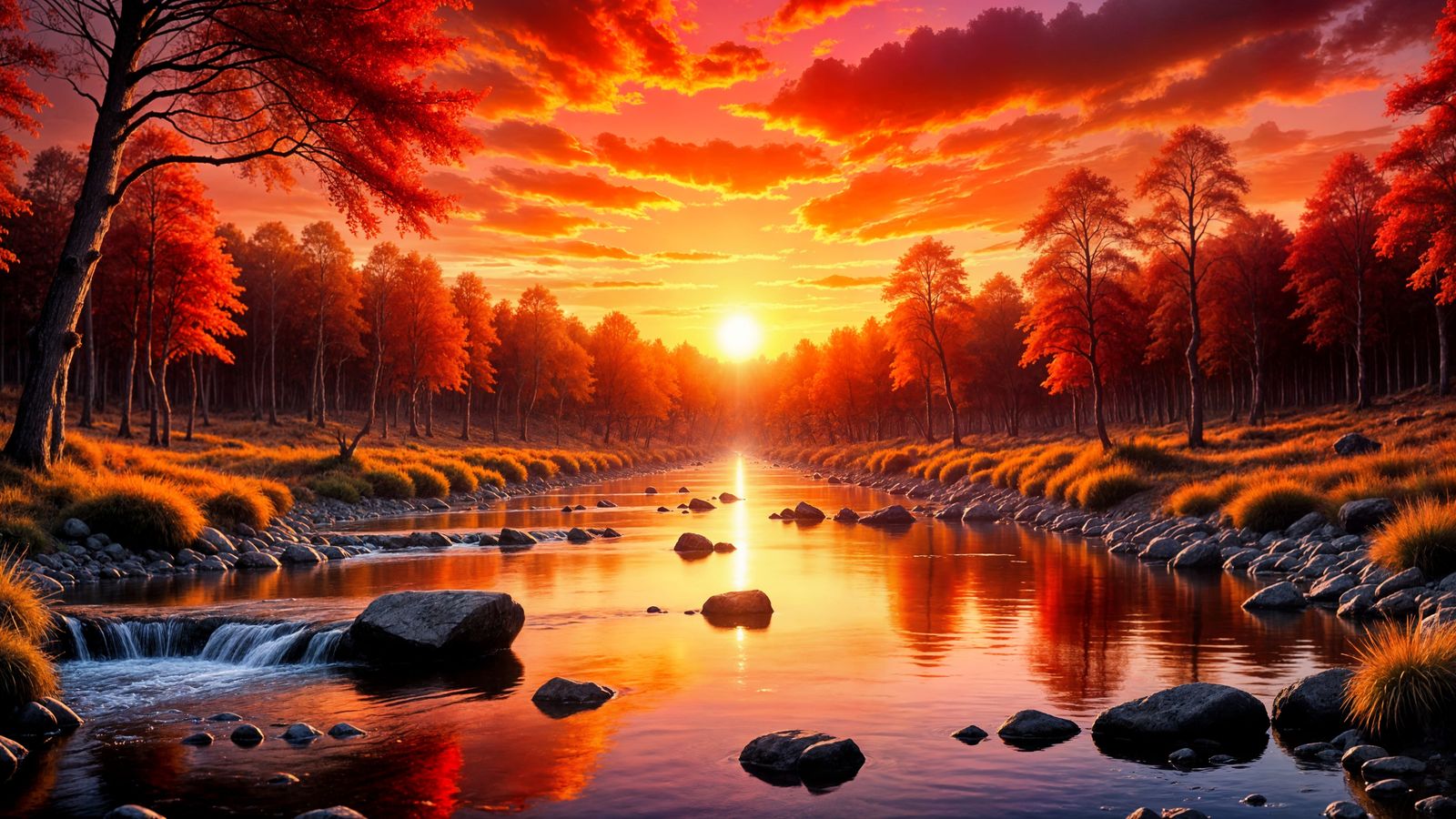 Enchanted Autumn River Landscape at Sunset