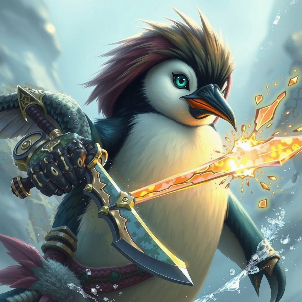 Ethereal Penguin Warrior Wields Keyblade in Medieval Fantasy