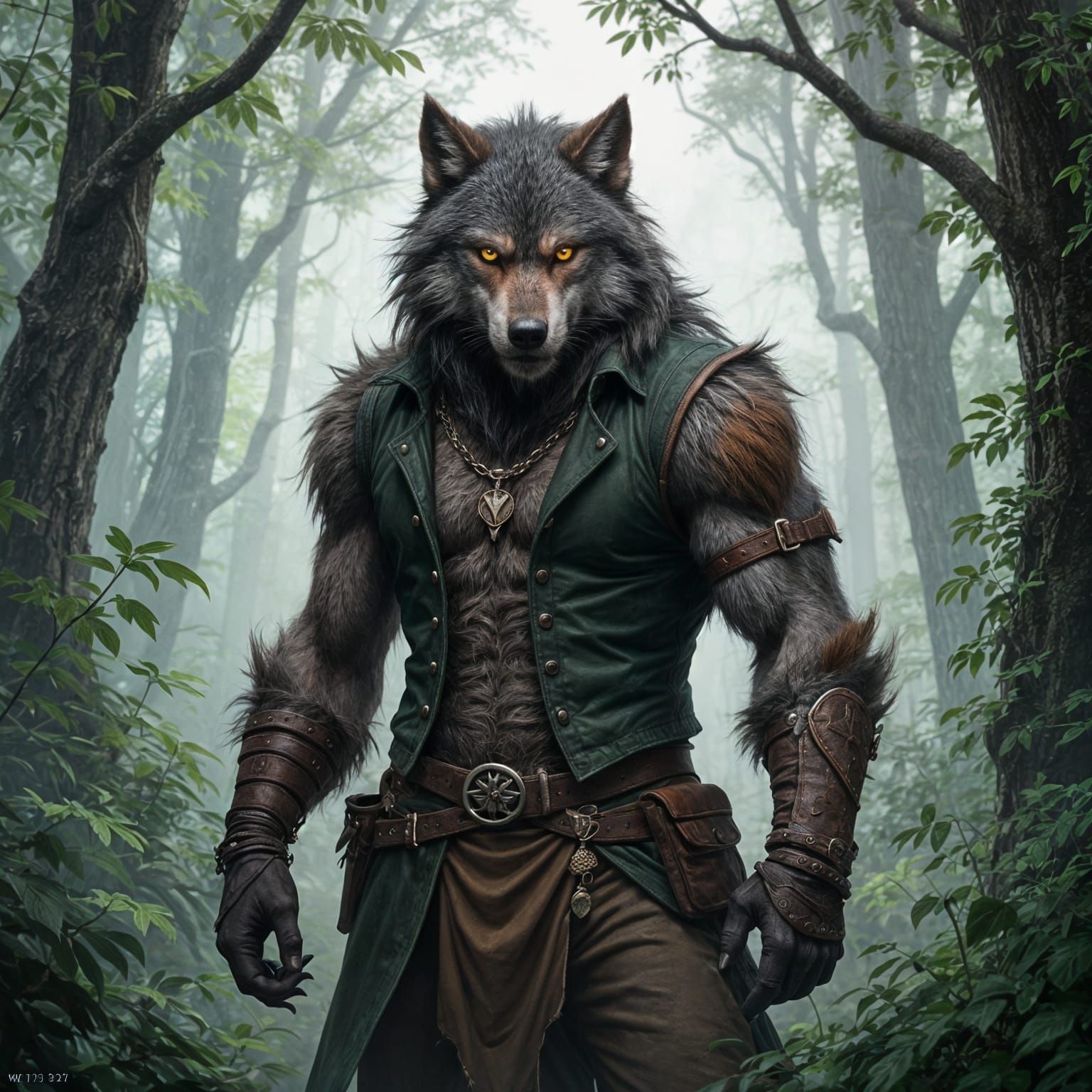 Proud Werewolf in Misty Forest with Rusty Accents