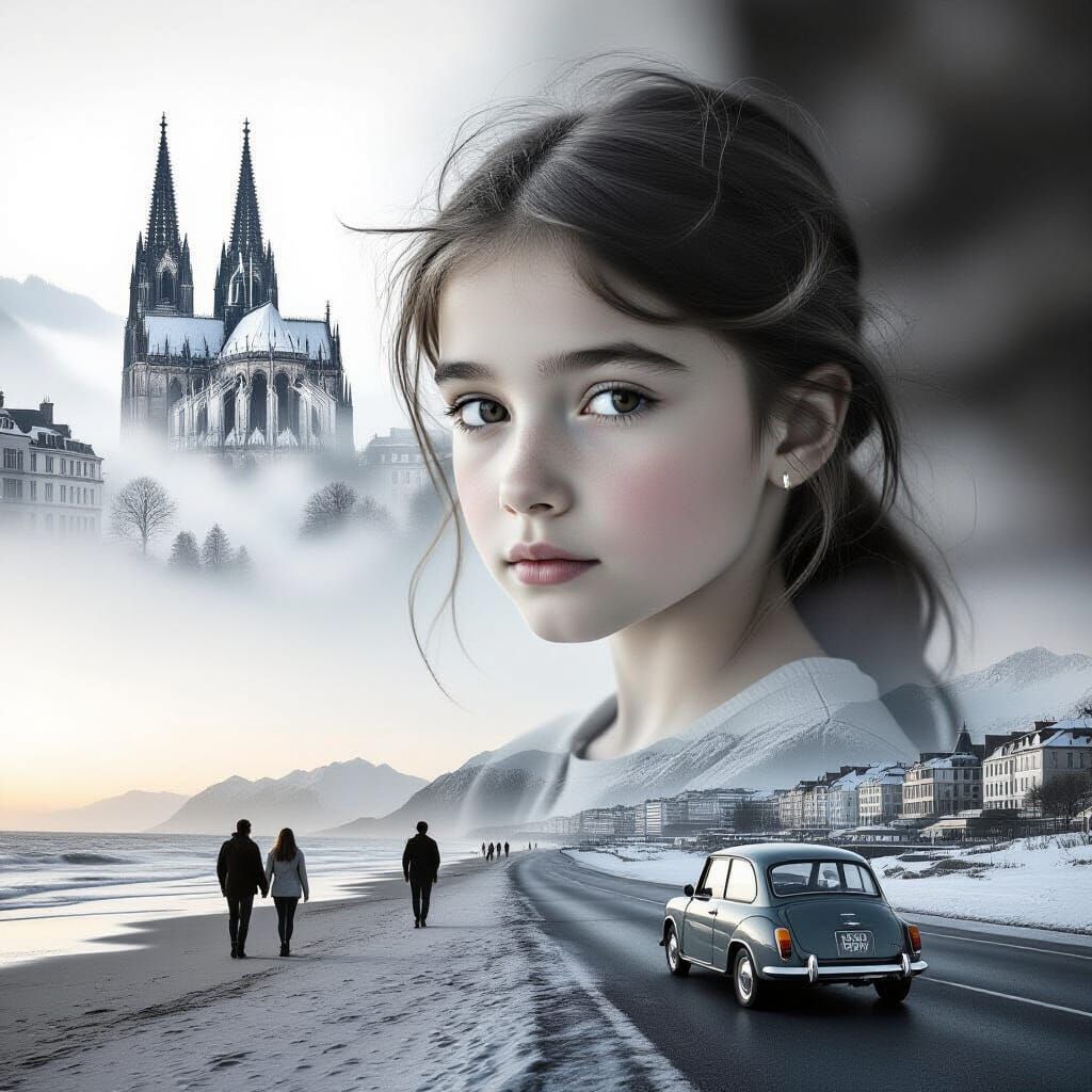 Youthful Double Exposure Portrait in Noir Style