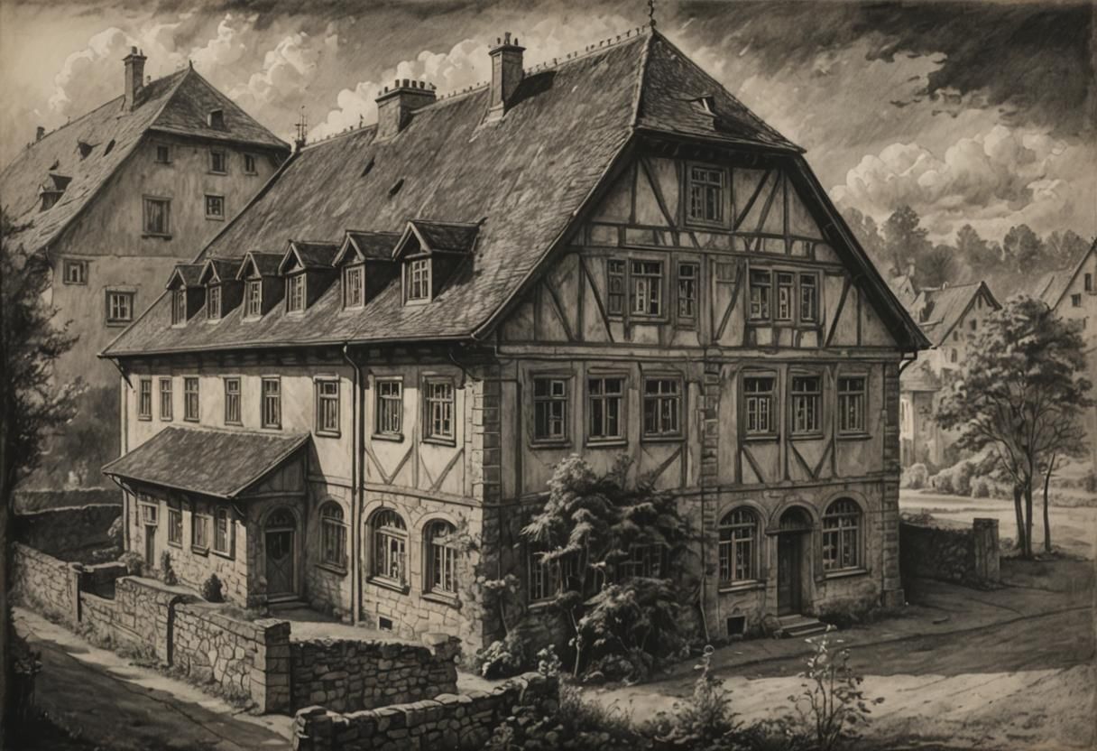 Dramatic Charcoal Drawing of Pilgerhaus Hirschfelde