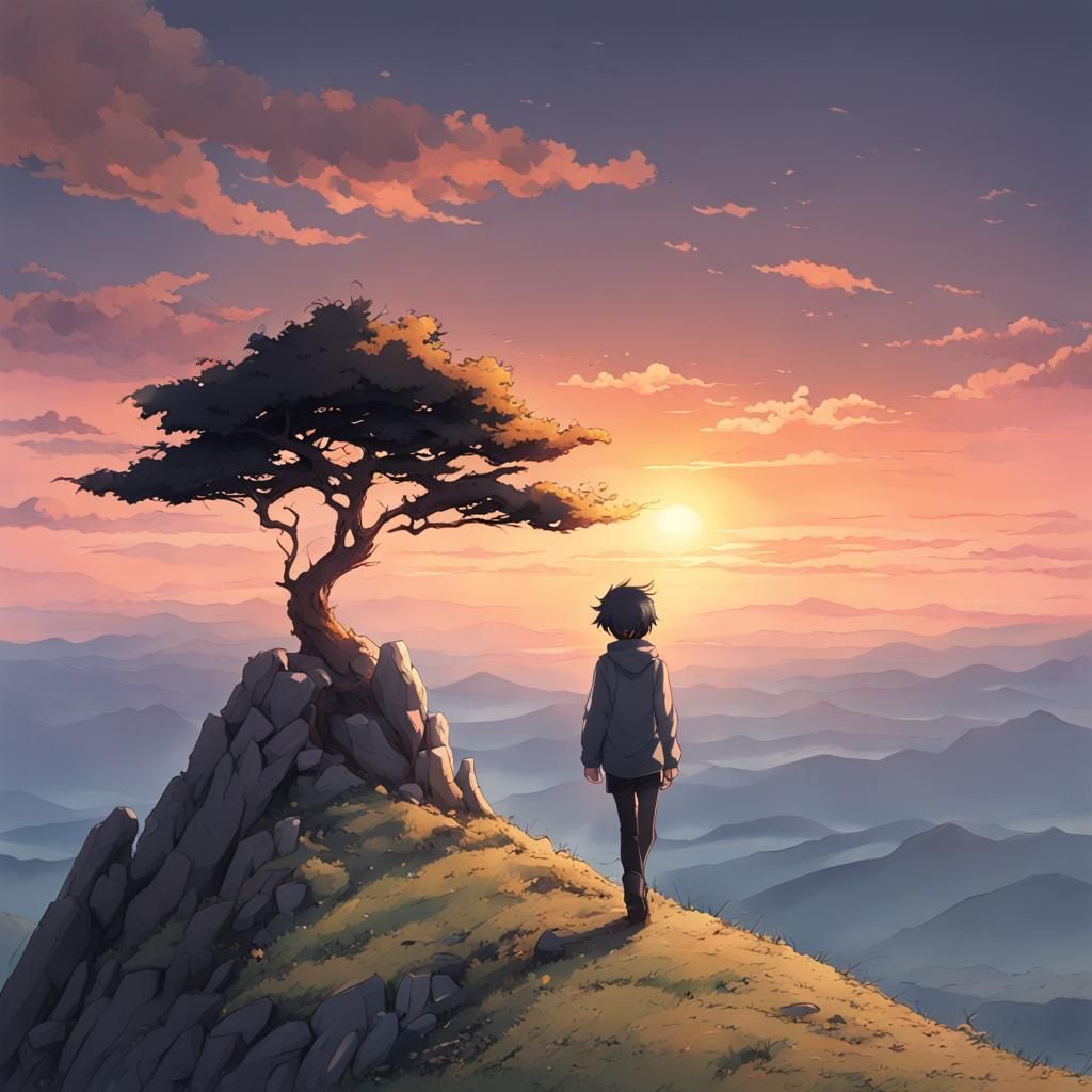 Solitary Mountain Walker at Sunset: Anime-Inspired Art