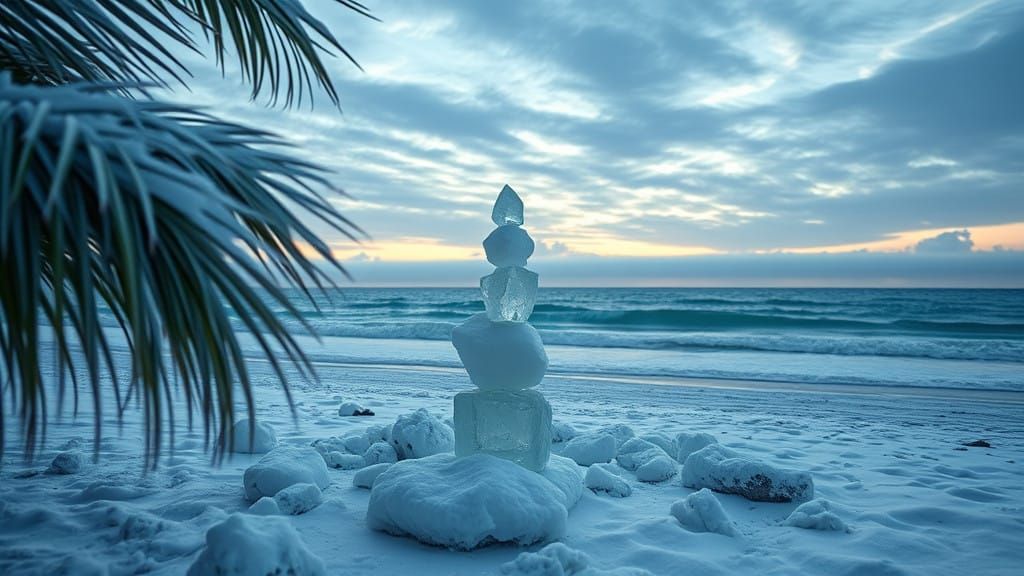 Serene Snow-Kissed Beach Oasis in Frosty Morning Light