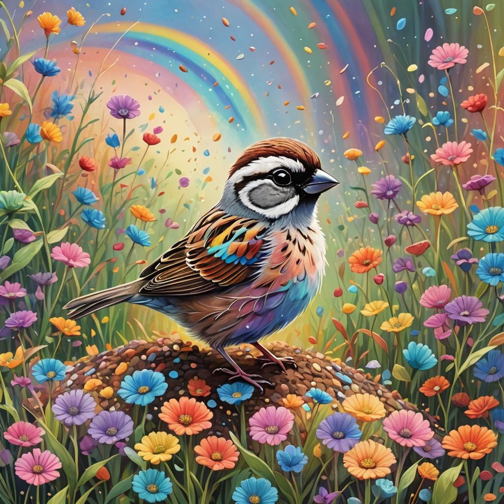 Rainbow Sparrow Leaps Over Colorful Seed Field
