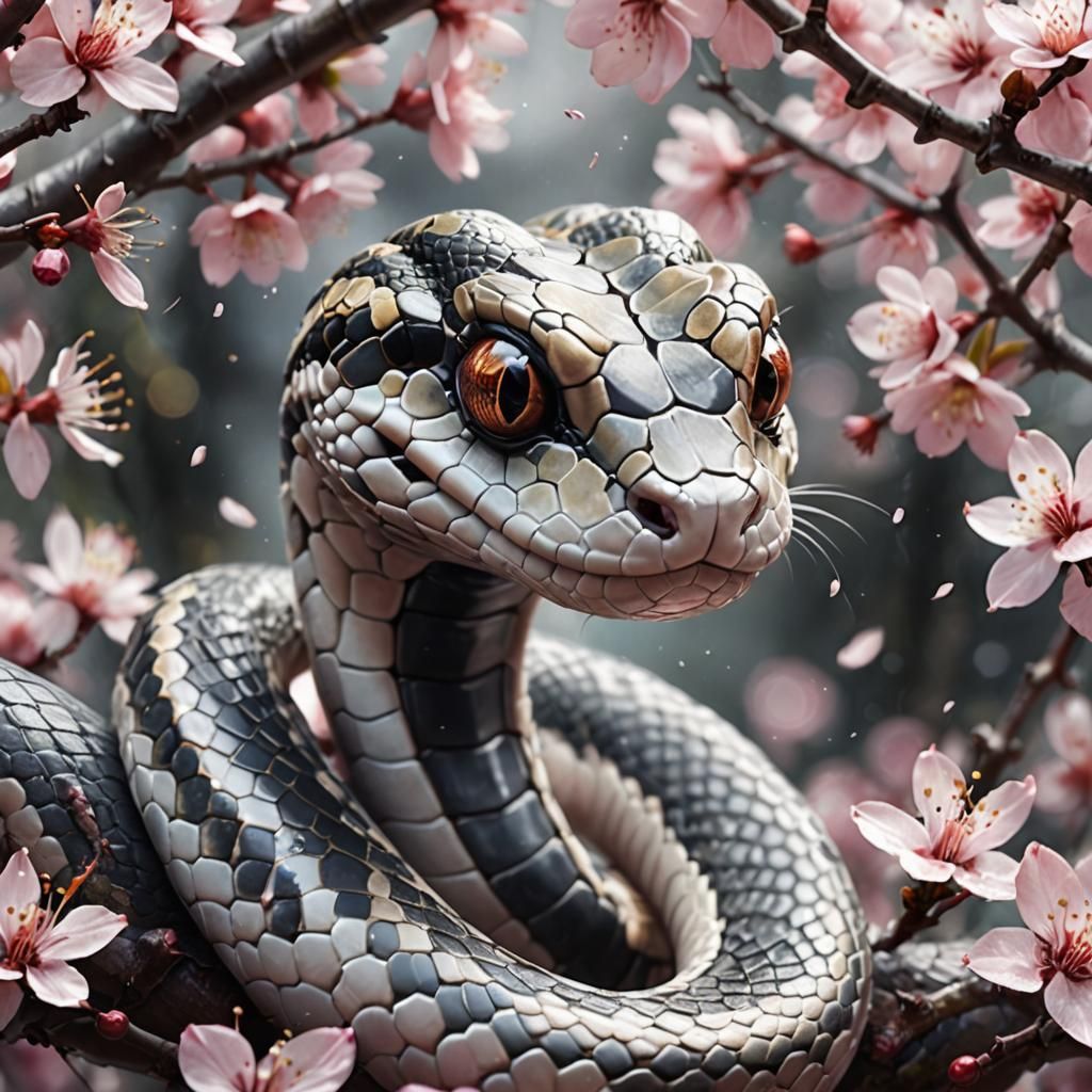 Cute Snake in Cherry Blossoms, Cubist Style