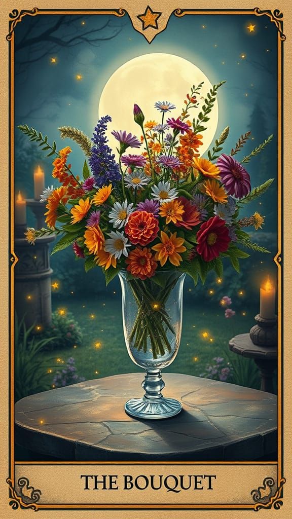 Create a Lenormand card featuring "The Bouquet" in an oil pa...