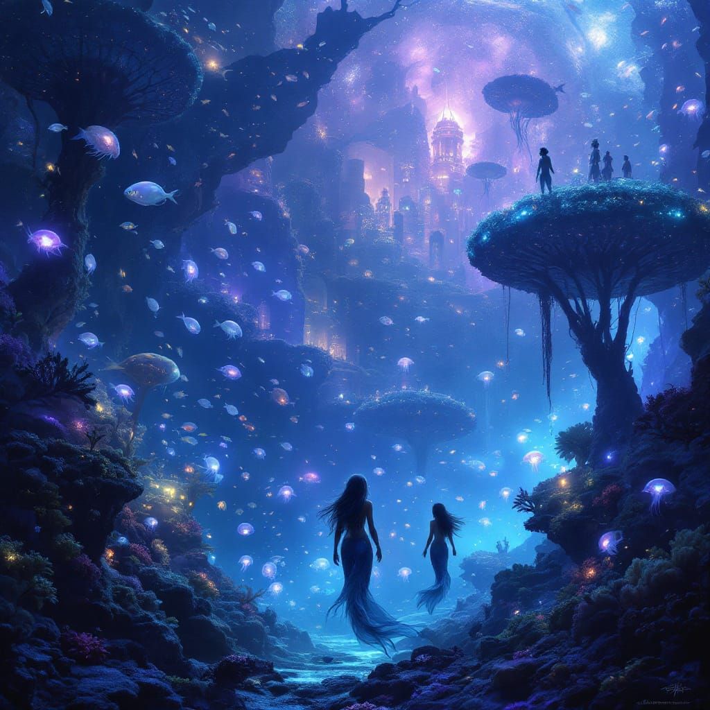 Surreal Underwater City With Luminous Coral Reef