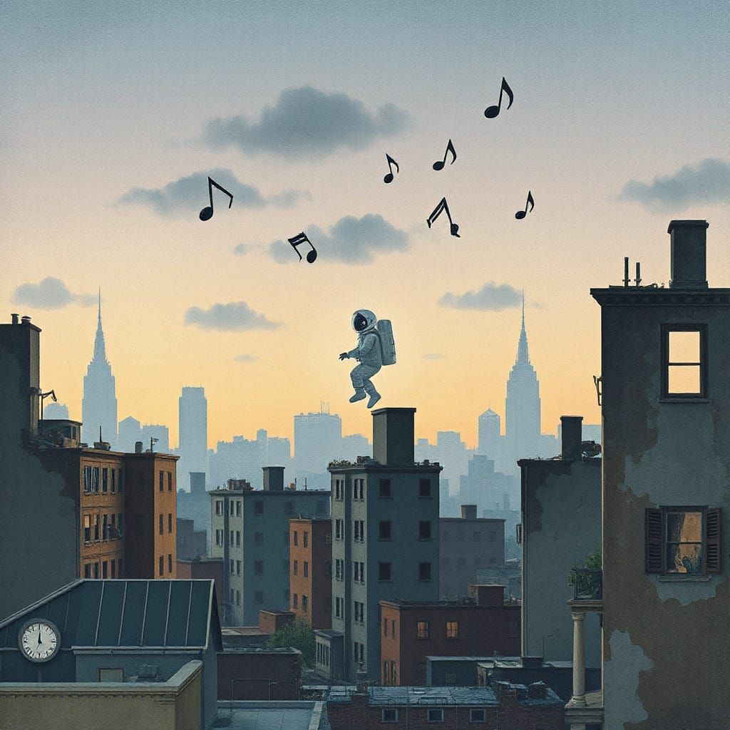 Paper Art Astronaut in Crumbling Cityscape at Twilight